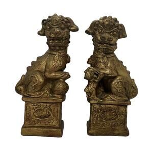 Vintage Brushed Gold Foo Dog Chinese Imperial Guardians Lion Bookends- A Pair